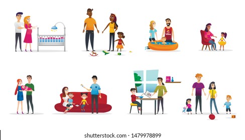 Horizontal Flyer Set Parenting, Cartoon Flat. Husband And Wife Are Preparing For Appearance Child. Responsible Parents Bring Up And Walk With Baby. Emotional Attachment Parents And Children.