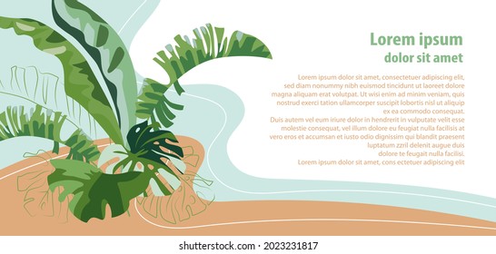 Horizontal flyer with tropical leaves and abstract background. Exotic jungle plants.