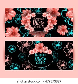 Horizontal flyers or brochure design with decorative oval frame and cherry pink flowers pattern. Vector presentation on the pink background