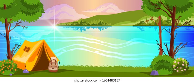 Horizontal forest landscape with tent, trees, lake, bag pack blooming bushes. Summer camping and vacation background with bivouac, river bank. Outdoor weekend poster for landing pages, advertisements