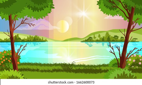 Horizontal forest landscape with trees, lake, sun, hills, blooming bushes, cloud, and river bank. Summer sunny day poster. Outdoor weekend banner with copy space and flare. For advertisements, games