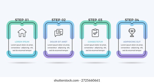 Horizontal four step process infographic layout with rectangular gradient frames