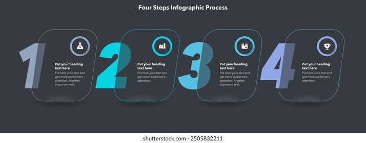 Horizontal four steps infographic process template - dark version. SImple chart design with numbers and thin lines for workflow layout, banner or web design.