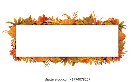 Horizontal frame of autumn leaves around a white empty rectangle. Layout of a border made of autumn vegetation