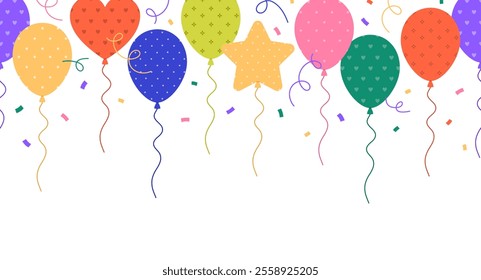 Horizontal frame with balloons, serpentine and confetti. Background with colorful flying baloons. Holiday design. Template for banner, greeting card. Vector flat illustration on white background