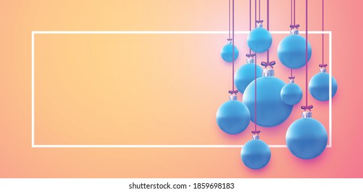 Horizontal frame with blue christmas baubles hanging on pink ribbons with bow. Space for text. Vector festive illustration.