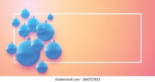 Horizontal frame with blue christmas baubles hanging on threads. Space for text. Vector festive illustration.