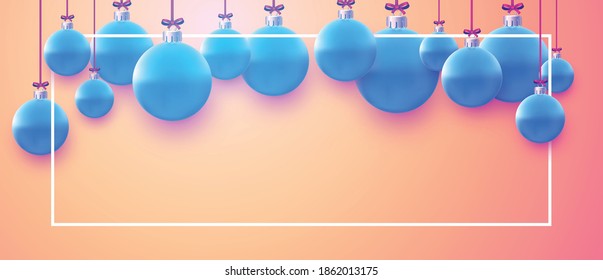 Horizontal frame with blue christmas baubles hanging on pink ribbons. Stars confetti. Space for text. Vector festive illustration.