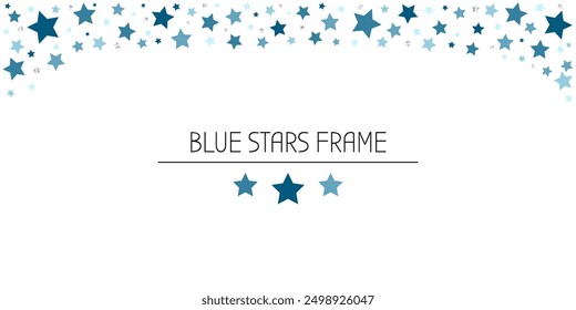 Horizontal marco de estrellas azules, azules y plateadas. Marco de la estrella del niño decorativo para el diseño de postales, carteles. Aislado sobre fondo blanco.