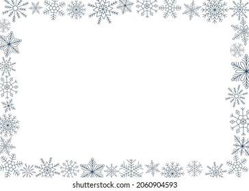 Marco horizontal de copos de nieve azules. Arte de línea. Símbolo de invierno de cristal de hielo. Plantilla para diseño invernal. Ilustración vectorial aislada 