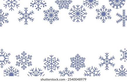 Quadro horizontal de flocos de neve azuis sobre fundo branco. Efeito de tempestade de neve, queda de neve, símbolo do inverno, ano novo e natal. Modelo de quadro de ilustração vetorial para design de inverno.