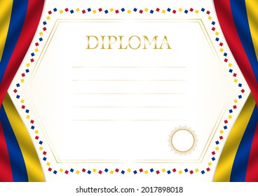 Horizontal  frame and border with Colombia flag, template elements for your certificate and diploma. Vector.