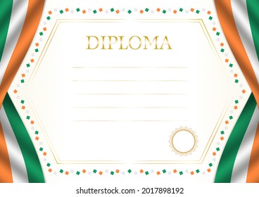 Marco horizontal y borde con la bandera de Irlanda, elementos de plantilla para su certificado y diploma. Vector.