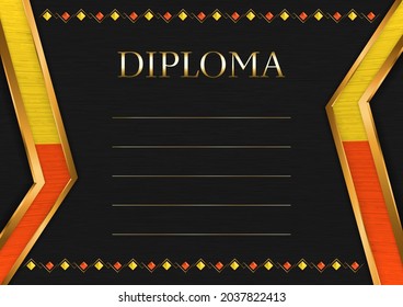 Horizontal  frame and border on black metal background, with colors of Bhutan flag, template elements for your certificate and diploma. Vector.