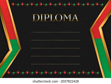 Horizontal  frame and border on black metal background, with colors of Burkina Faso flag, template elements for your certificate and diploma. Vector.