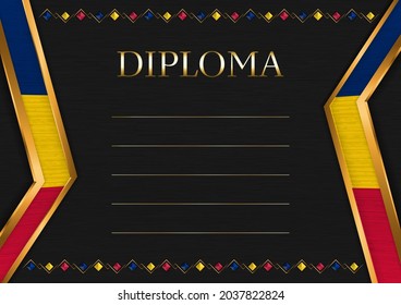 Horizontal  frame and border on black metal background, with colors of Chad flag, template elements for your certificate and diploma. Vector.
