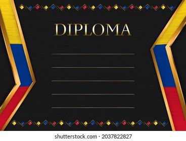 Marco horizontal y borde sobre fondo de metal negro, con colores de la bandera de Colombia, elementos de plantilla para su certificado y diploma. Vector.