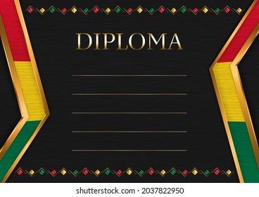 Marco horizontal y borde sobre fondo de metal negro, con colores de la bandera de Ghana, elementos de plantilla para tu certificado y diploma. Vector.