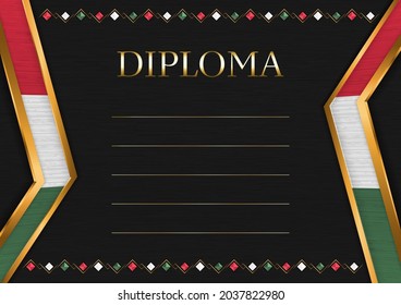 Horizontal  frame and border on black metal background, with colors of Hungary flag, template elements for your certificate and diploma. Vector.