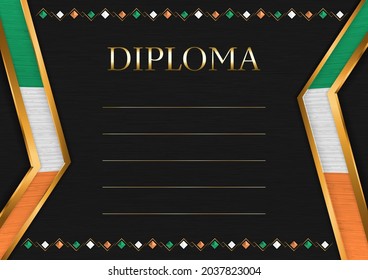 Horizontal  frame and border on black metal background, with colors of Ireland flag, template elements for your certificate and diploma. Vector.