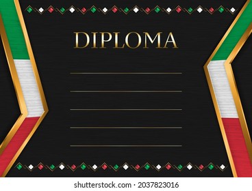 Horizontal  frame and border on black metal background, with colors of Italy flag, template elements for your certificate and diploma. Vector.