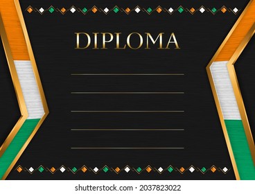 Marco horizontal y borde sobre fondo de metal negro, con colores de bandera marfileña, elementos de plantilla para su certificado y diploma. Vector.