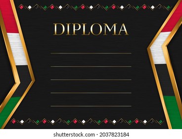 Marco horizontal y borde sobre fondo de metal negro, con colores de la bandera de Sudán, elementos de plantilla para su certificado y diploma. Vector.