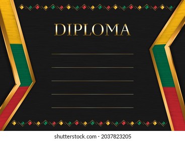 Marco horizontal y borde sobre fondo de metal negro, con colores de la bandera de Lituania, elementos de plantilla para su certificado y diploma. Vector.