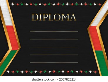 Horizontal  frame and border on black metal background, with colors of Madagascar flag, template elements for your certificate and diploma. Vector.