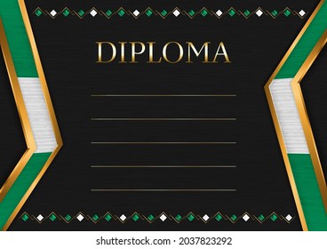 Horizontal  frame and border on black metal background, with colors of Nigeria flag, template elements for your certificate and diploma. Vector.