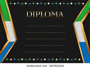 Horizontal  frame and border on black metal background, with colors of Sierra Leone flag, template elements for your certificate and diploma. Vector.