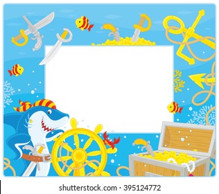 Horizontal frame border with a pirate shark, a steering wheel, an anchor and a treasure chest from a sunken ship