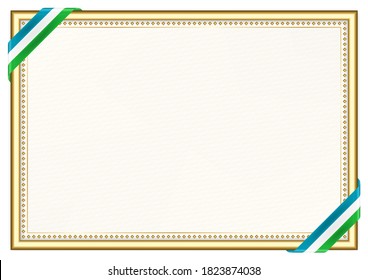 Horizontal  frame and border with Uzbekistan flag, template elements for your certificate and diploma. Vector.