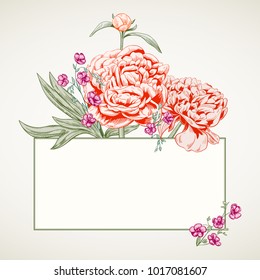 Horizontal frame with bouquet of peony, chamomile: red, orange flowers, buds, stems, leaves, white background. Botanical illustration for design, hand draw in engraving vintage style, etching, vector