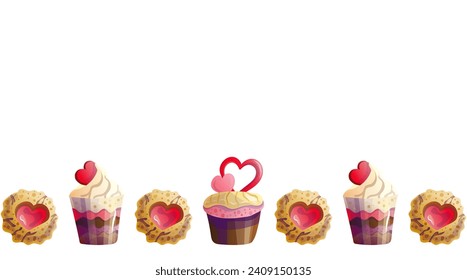 Horizontal frame with cakes and cookies with hearts for Valentine's Day, a delicious collection for holiday, illustrations in a flat cartoon style to decorate the sweet menu in the restaurant