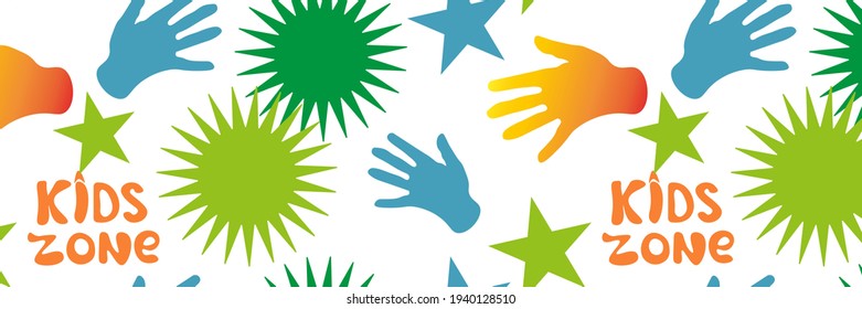 horizontal frame children's area . bright vector illustration for children's club, palms, stars, lettering