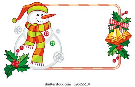 Horizontal frame with Christmas decorations and snowman. Christmas design element. Vector clip art.