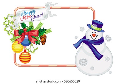 Horizontal frame with Christmas decorations and snowman. Christmas design element. Vector clip art.
