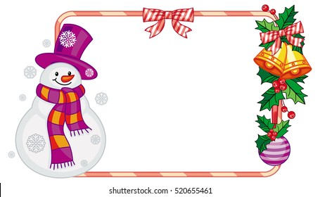 Horizontal frame with Christmas decorations and snowman. Christmas design element. Vector clip art.