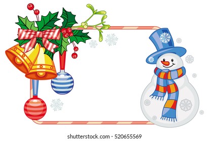 Horizontal frame with Christmas decorations and snowman. Christmas design element. Vector clip art.