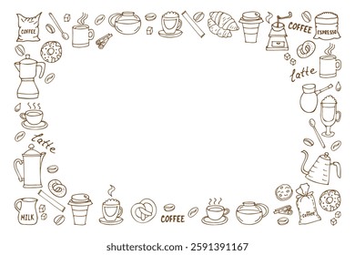 horizontal frame of coffee utensils, coffee cups and teapots, hand drawn in cartoon style.