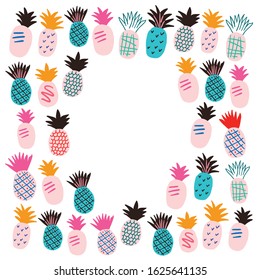 Horizontal frame with colorful pineapples. Stylish tropical fruits doodle vector design. Tropical frame in scandinavian style