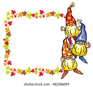 Horizontal frame with cute gnomes and maple leaves. Funny background for decorations, greetings cards and other design artworks. Vector clip art. 