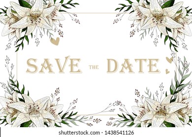 Horizontal frame decorated with hand-drawn light lily flowers, sketch style, hand drawn vector illustration with white background and text. Save the date invitation card template