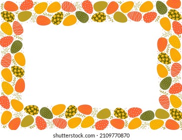 Horizontal frame of easter decorated eggs and leaves. Yellow, red and green eggs in flat style