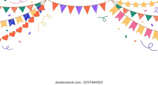 Horizontal frame with festive garlands, serpentine and confetti. Background with colorful bunting and flags. Holiday design. Template for banner, greeting card. Vector flat illustration on white