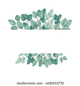 Horizontal frame with flat eucalyptus and place for text. Botanical color illustration of eucalyptus populus. Vector color template for invitation, greeting card and your creativity