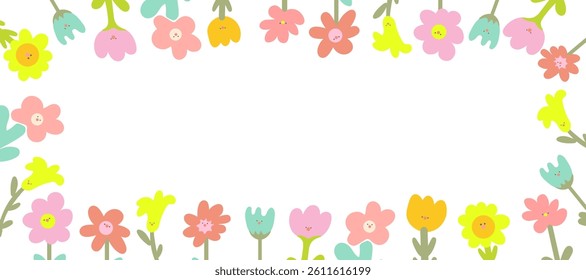 horizontal frame with flowers characters in doodle style in vector. Element for decoration design postcards poster invitation background wallpaper packaging backdrop banner