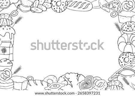 Horizontal frame of hand drawn cartoon style outline drawings of bread, pies and buns.