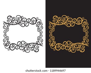 Horizontal frame with a hand drawn pattern of curls. Vector illustration isolated on background. Gold and black colors.